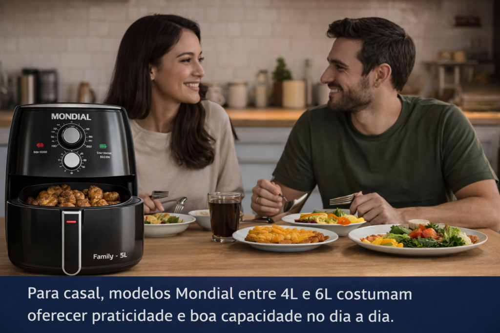 Casal utilizando air fryer Mondial em rotina doméstica para preparo de refeições práticas