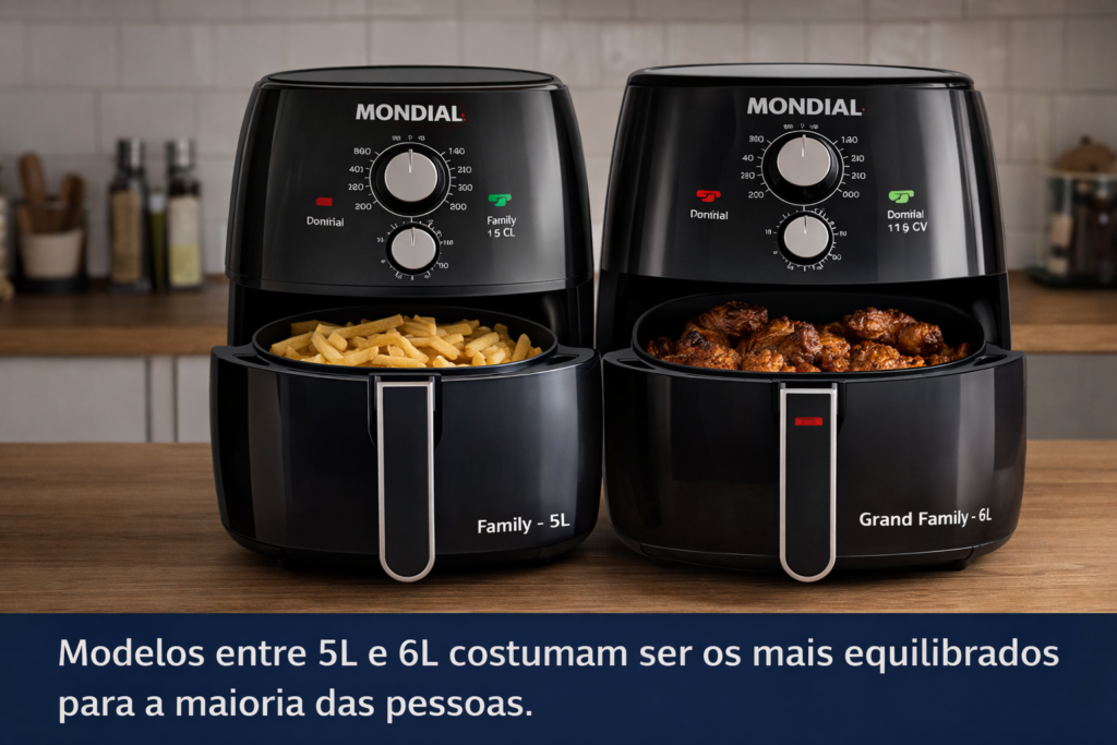 Modelos de air fryer Mondial 5 litros e 6 litros lado a lado para comparação