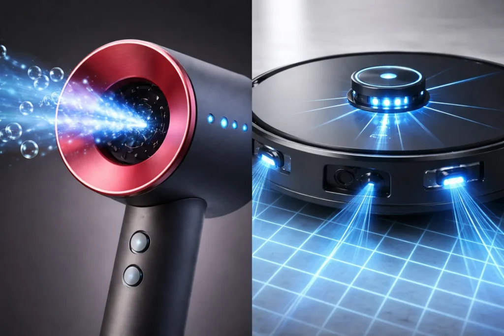 Comparativo de tecnologias em produtos de beleza e utilidades domésticas.