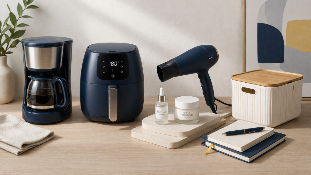 Seleção de produtos para casa, cozinha, beleza e cuidado pessoal organizados para comparação