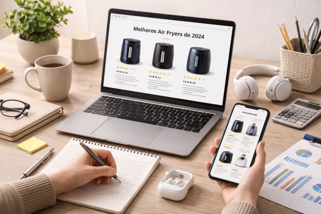 Pessoa pesquisando e comparando produtos online no notebook e no celular antes da compra