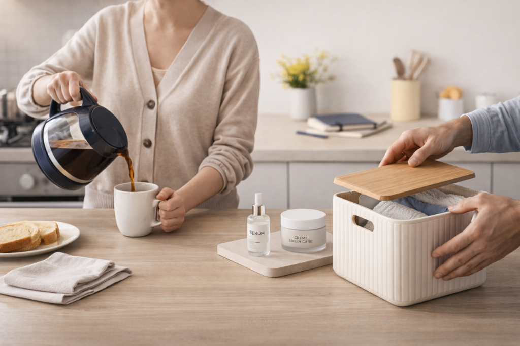 Pessoa preparando café e organizando itens do dia a dia em ambiente doméstico moderno