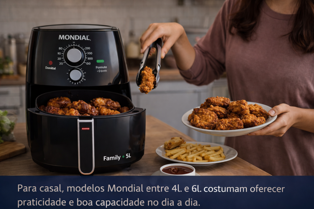 Air fryer Mondial em uso na cozinha com preparo de frango frito e batatas em cenário doméstico