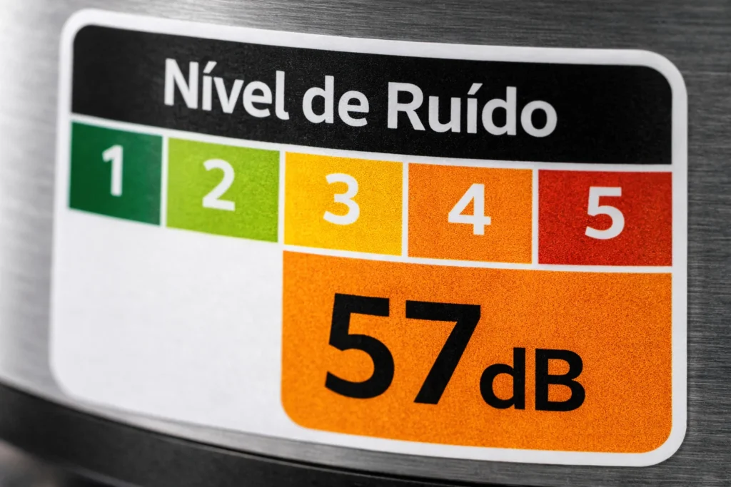 Detalhe do selo de ruído do Inmetro em um comparativo de eletrodomésticos.