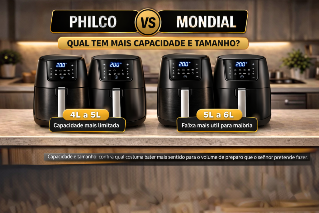 Comparação entre air fryer Philco e Mondial mostrando capacidade e tamanho entre modelos de 4L a 6L