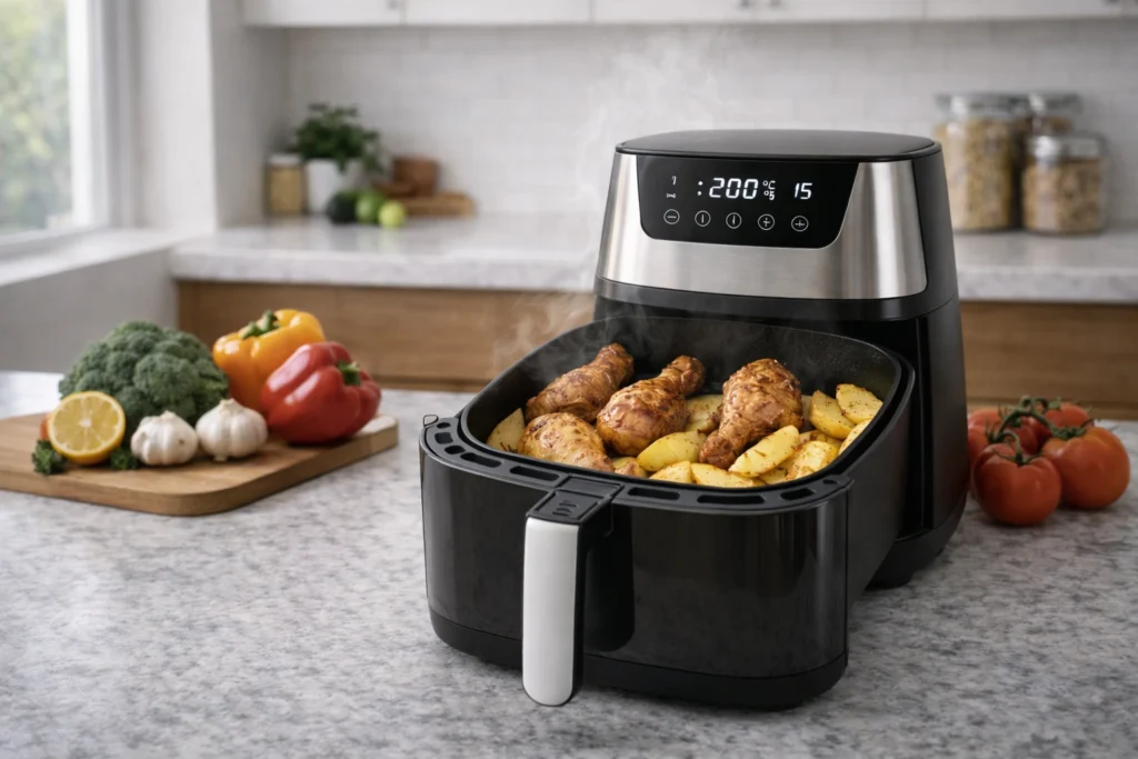 Air fryer moderna de 5 litros em uso com batatas e frango dourado em cozinha brasileira