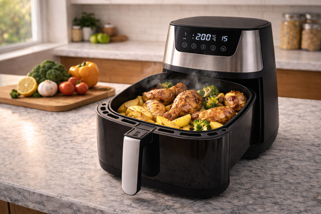 Air fryer boa e barata em uso com alimentos preparados