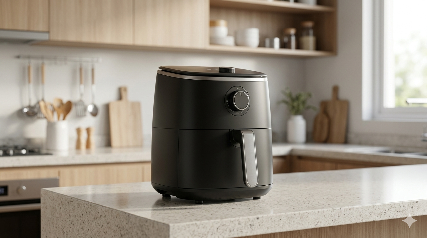 Air fryer boa e barata sobre bancada de cozinha moderna
