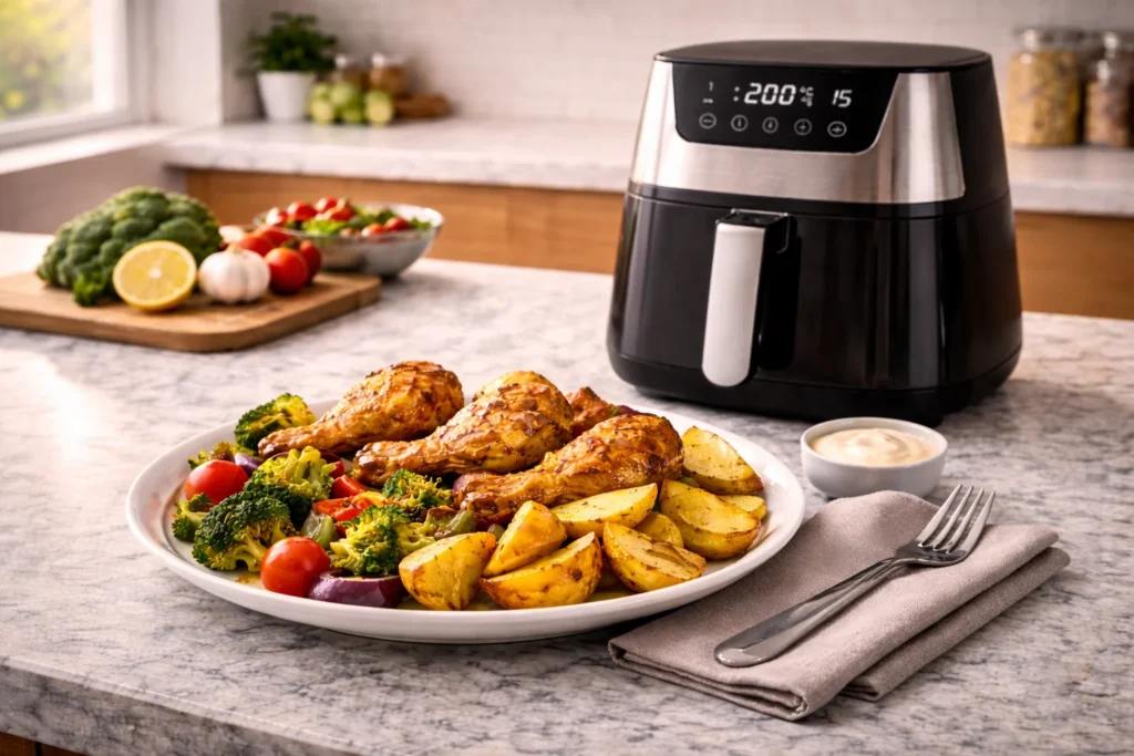 refeição preparada na air fryer em cozinha moderna com foco em economia