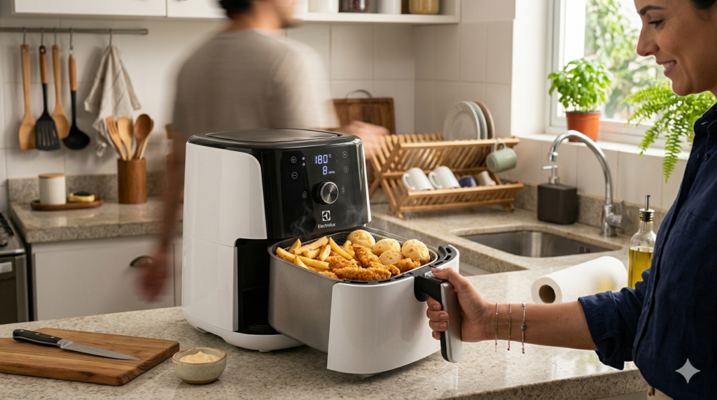 Air fryer Electrolux em uso preparando refeição em cozinha familiar organizada