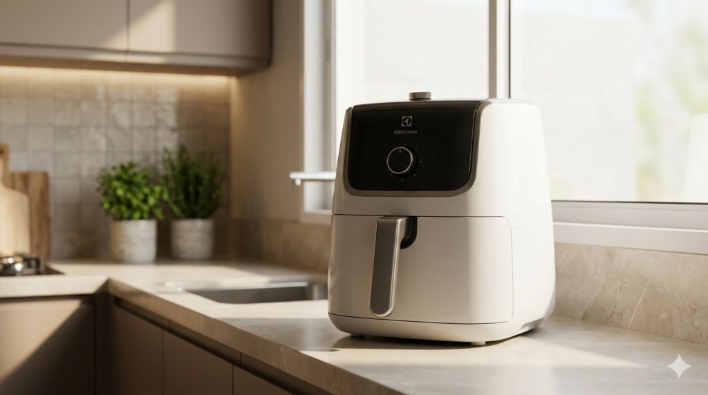 Air fryer Electrolux moderna sobre bancada de cozinha bem iluminada