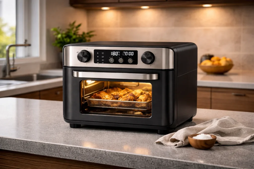 Air Fryer Oven de 12 litros preta com painel digital em uma cozinha brasileira moderna.
