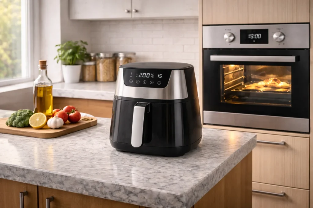 Air fryer ao lado de forno em cozinha moderna