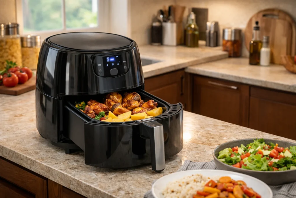 Air fryer sendo utilizada no dia a dia em cozinha moderna com alimentos preparados
