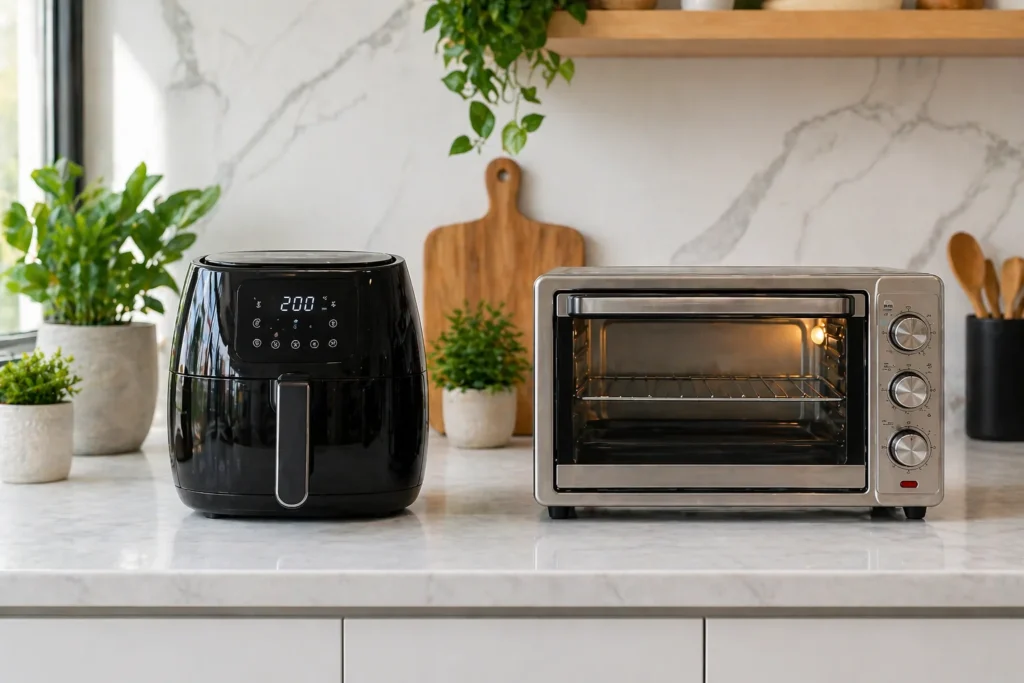 Comparação de tamanho entre uma air fryer de 5L e um forno elétrico de