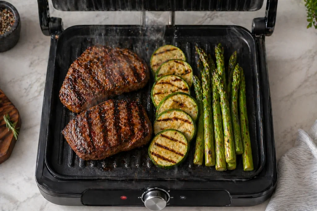 Variedade de alimentos grelhados para mostrar que Grill elétrico vale a pena?.