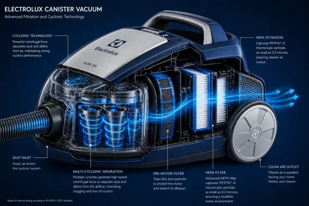 Visão em corte lateral de um aspirador de barril Electrolux mostrando as camadas de filtragem.