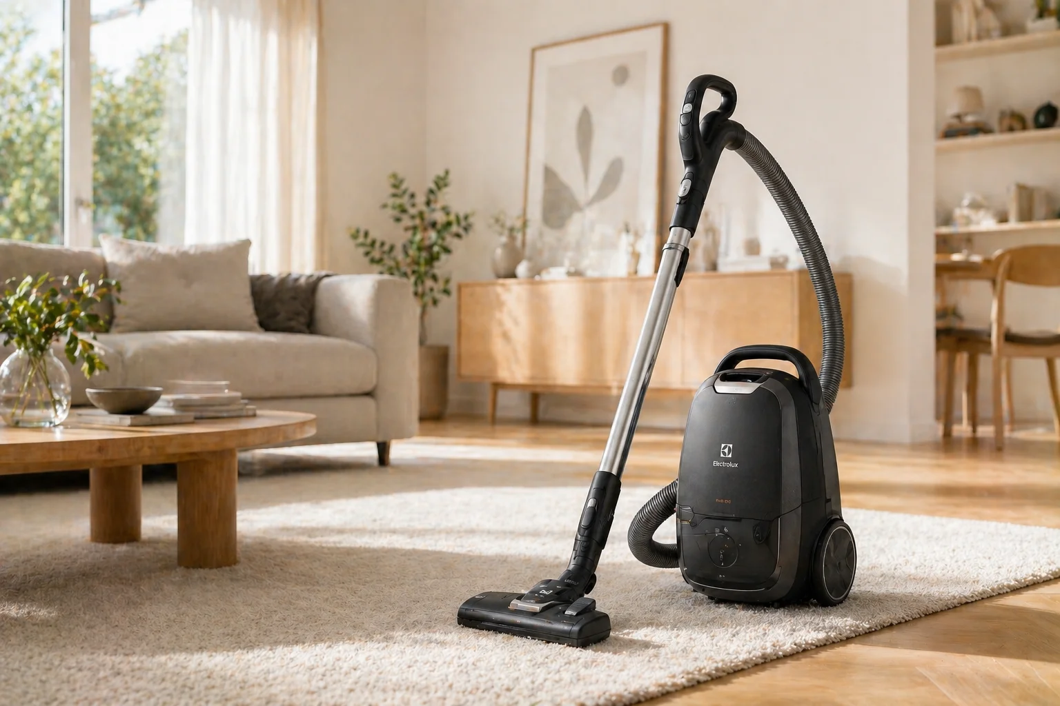 Aspirador de pó Electrolux com design futurista em uma sala de estar escandinava. aspirador Electrolux vale a pena