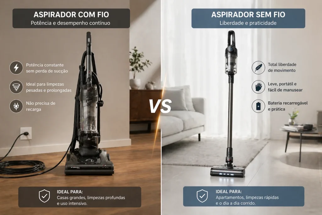 Lado a lado de um aspirador com cabo longo e um modelo de bateria de última geração.