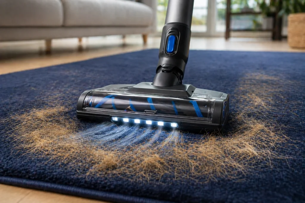 Aspirador de pó removendo pelos de cachorro de um tapete escuro com facilidade.