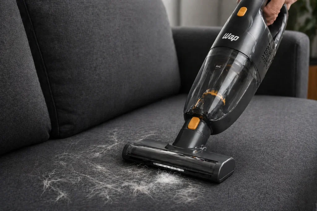 Aspirador sem fio removendo pelos de cachorro de um sofá de tecido escuro.