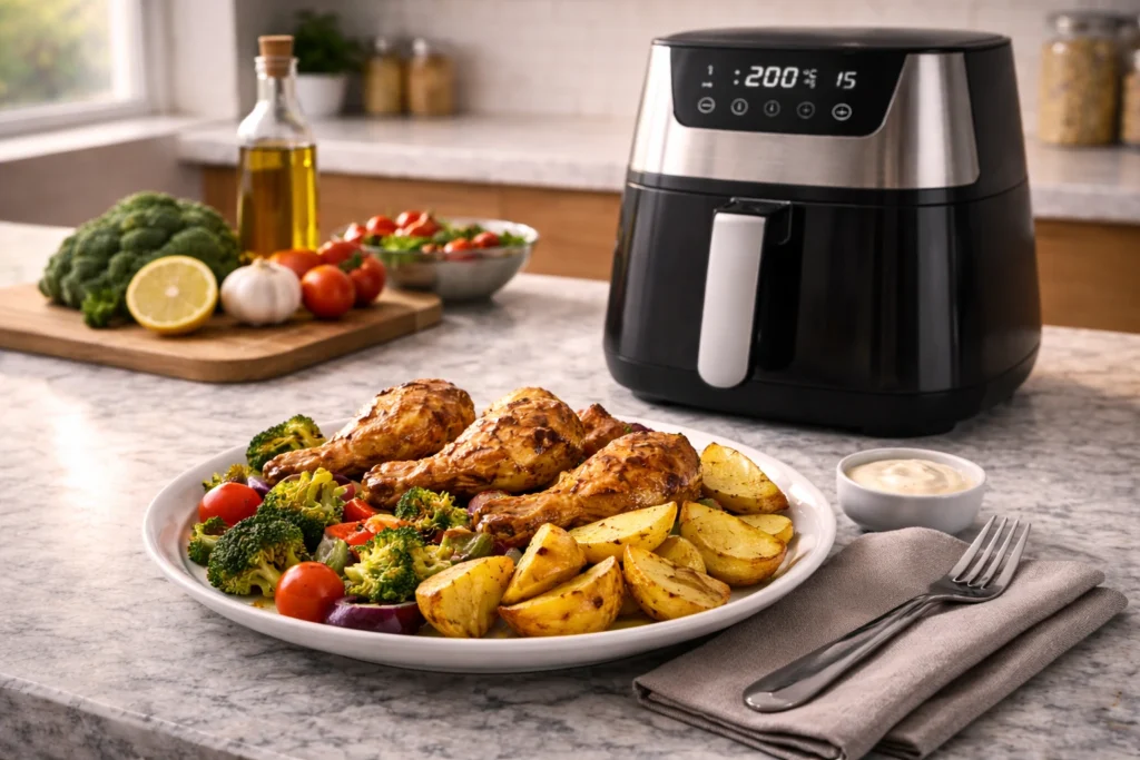 Refeição preparada na air fryer em cozinha moderna