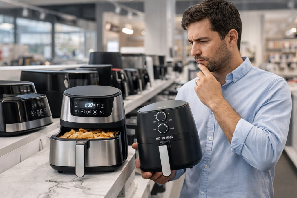 Pessoa comparando modelos de air fryer antes de comprar