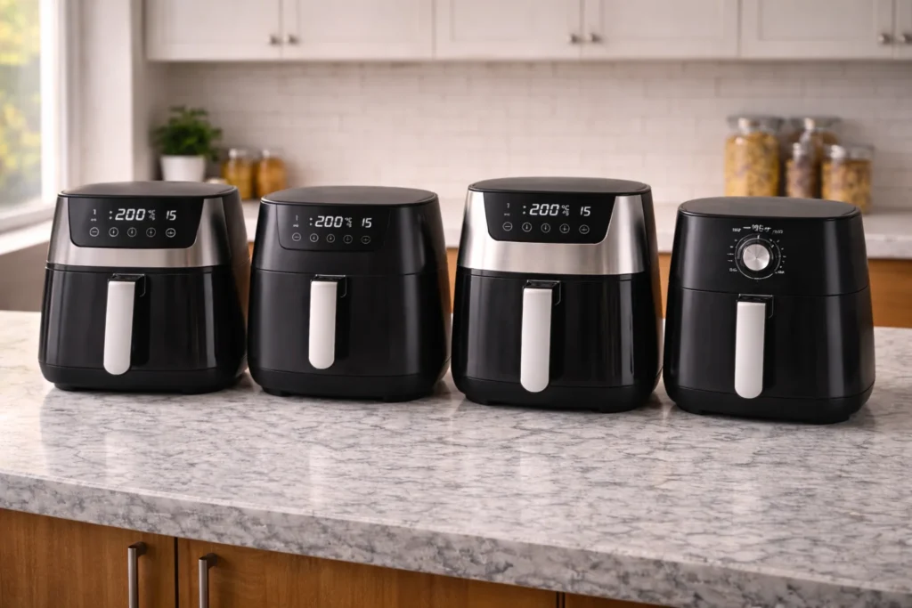 comparação entre modelos de air fryer econômica sobre bancada