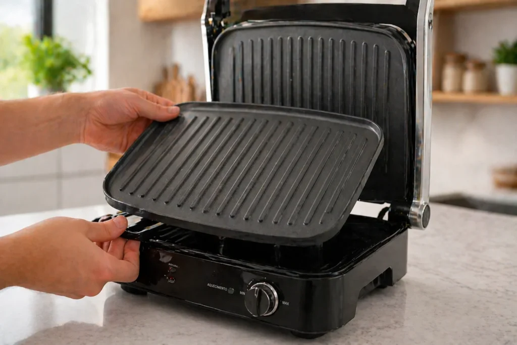 Detalhe de placas removíveis mostrando por que Grill elétrico vale a pena?.