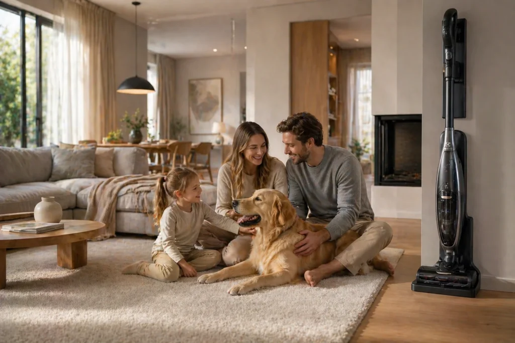 Uma família aproveitando a sala de estar limpa, com um aspirador Electrolux Pure guardado ao fundo.