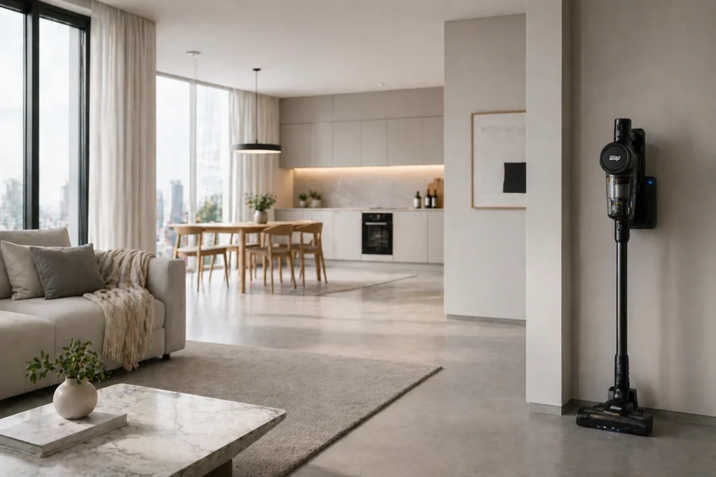 Uma casa impecável com o aspirador sem fio em destaque, simbolizando modernidade.