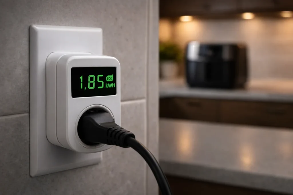 Medidor de energia digital indicando o consumo de uma Air Fryer grande ou pequena em uso.