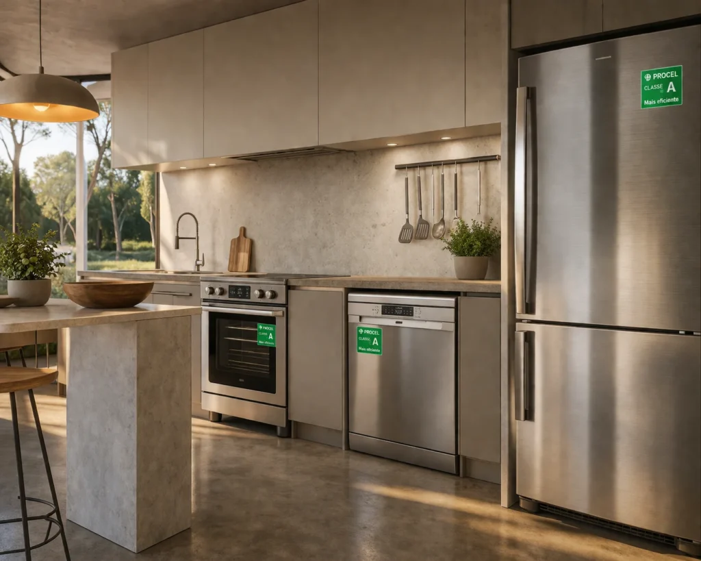 Visão moderna de uma cozinha focada em eficiência energética com eletrodomésticos com selo Procel A 