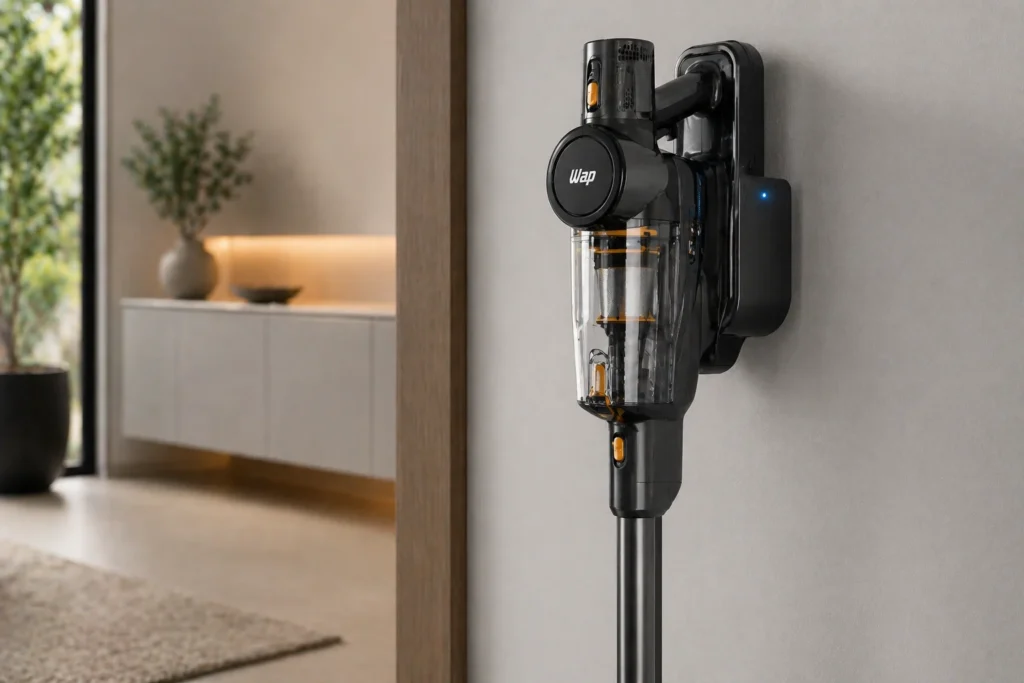 Visão detalhada de um aspirador sem fio moderno carregando em sua base elegante na parede.