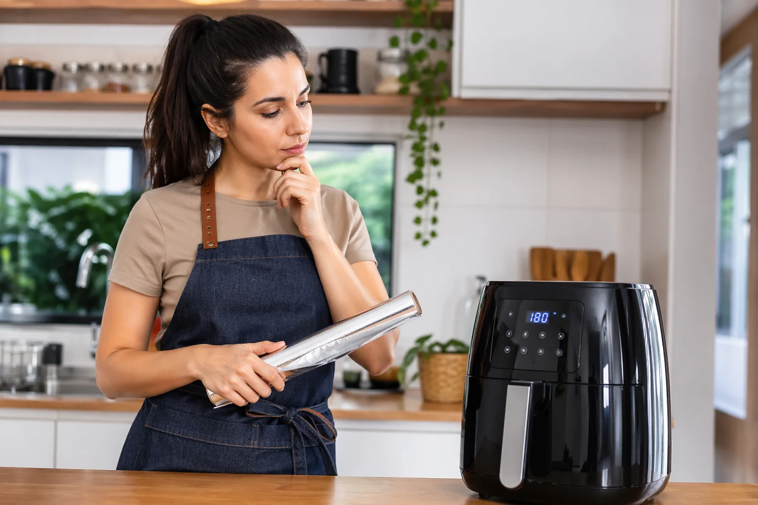 Pessoa se perguntando se pode usar papel alumínio na air fryer