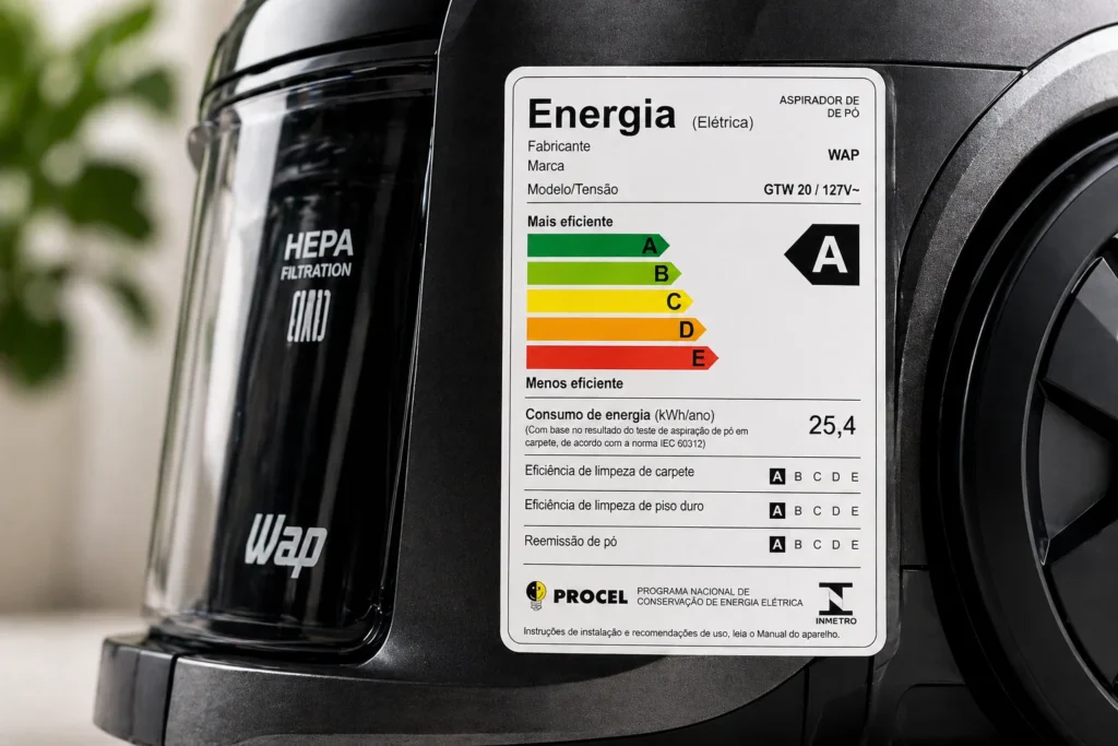 Detalhe da etiqueta de consumo de energia em um aspirador de pó WAP moderno.