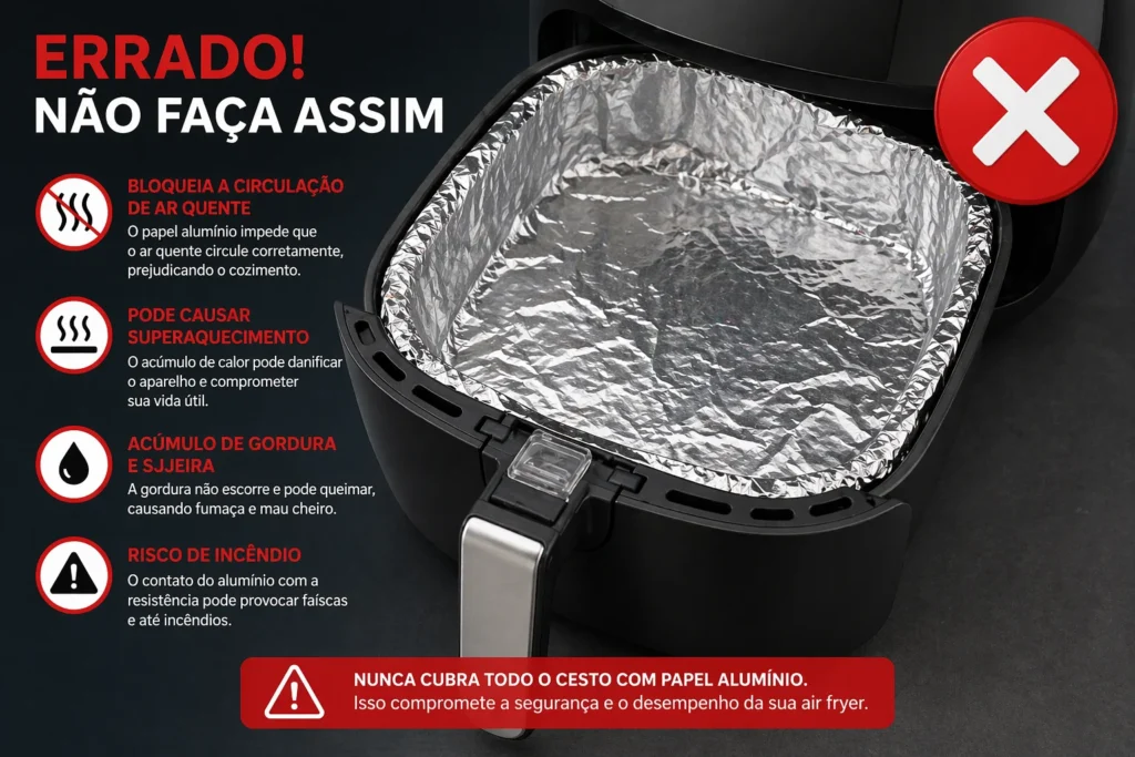 Ilustração técnica mostrando o erro de forrar o cesto inteiro da air fryer com papel alumínio.
