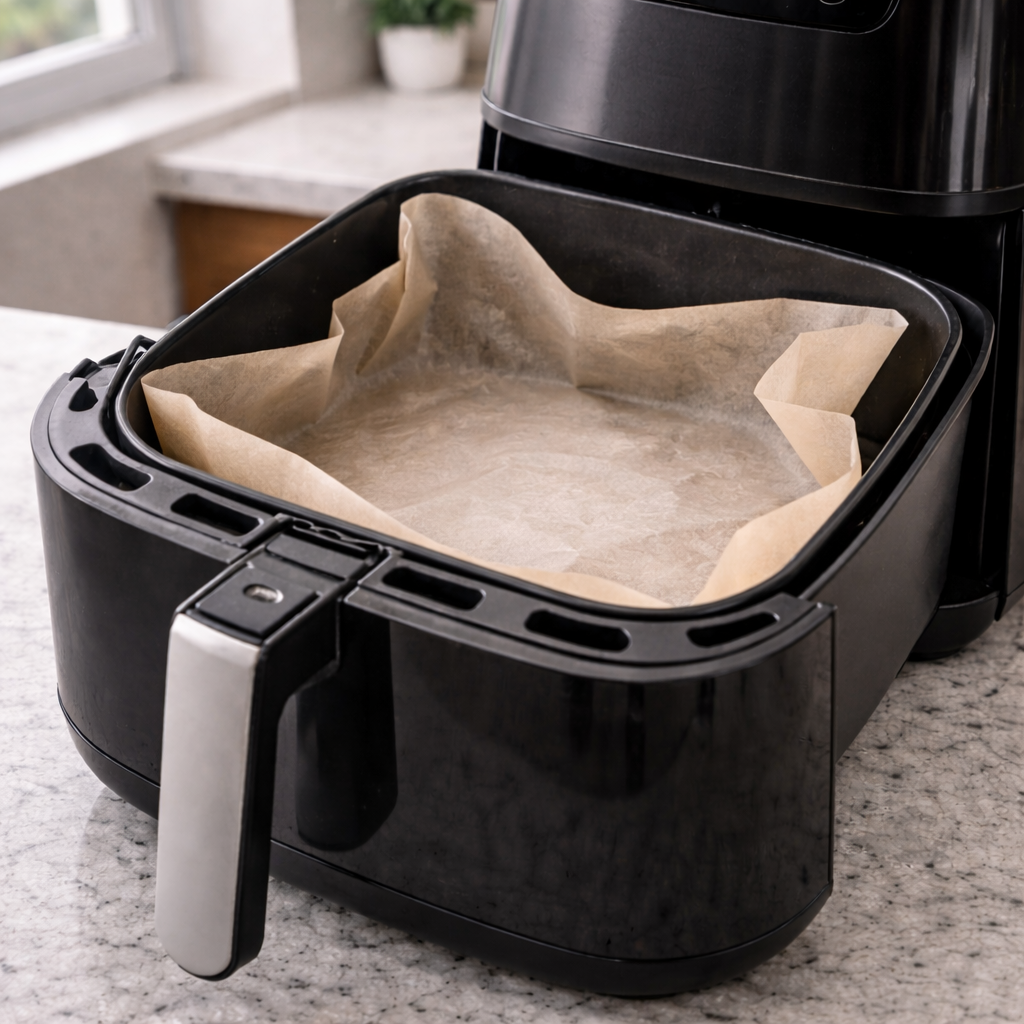 Se o papel manteiga estiver leve, solto ou mal encaixado, o ar quente pode movimentá-lo dentro da air fryer. 