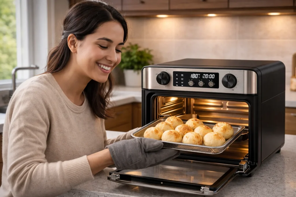 Uma pessoa feliz na cozinha segurando uma bandeja de comida recém-saída da air fryer oven.