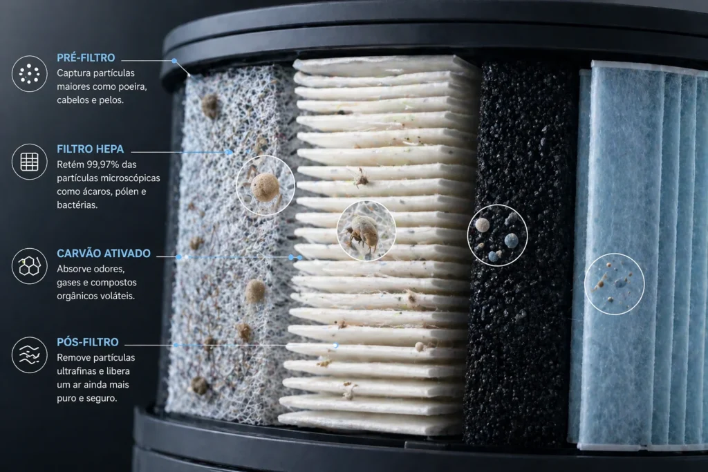 Detalhe das camadas de um filtro HEPA capturando micropartículas de poeira.