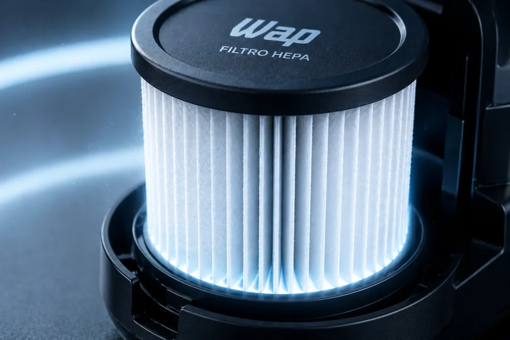 Detalhe do filtro HEPA de um aspirador WAP mostrando a retenção de micropartículas.