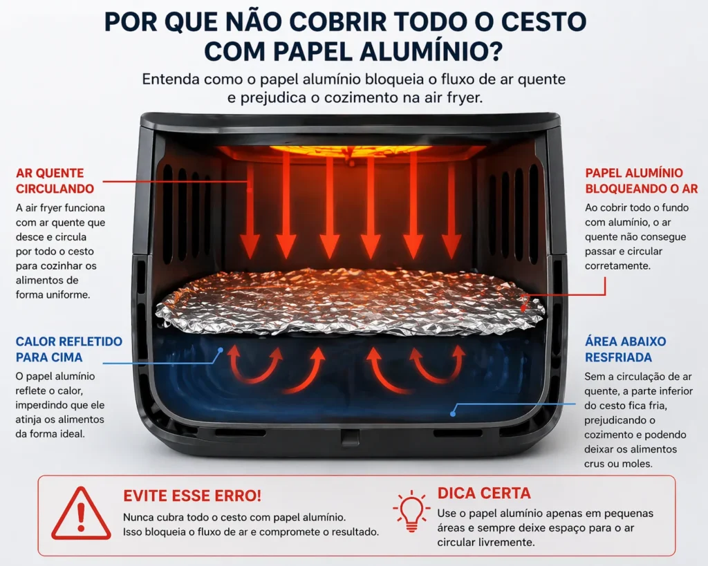 Infográfico mostrando setas de ar quente batendo no papel alumínio e voltando, sem atingir a parte de baixo da comida.