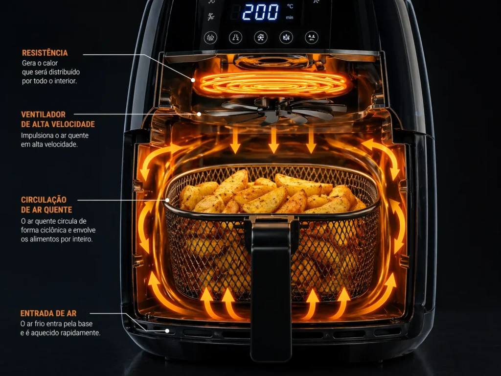 Esquema técnico de fluxo de ar quente em uma air fryer premium.