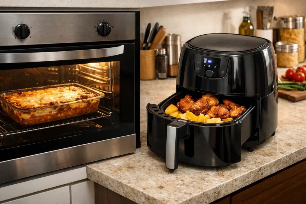 Comparação entre forno tradicional e air fryer preparando alimentos na cozinha