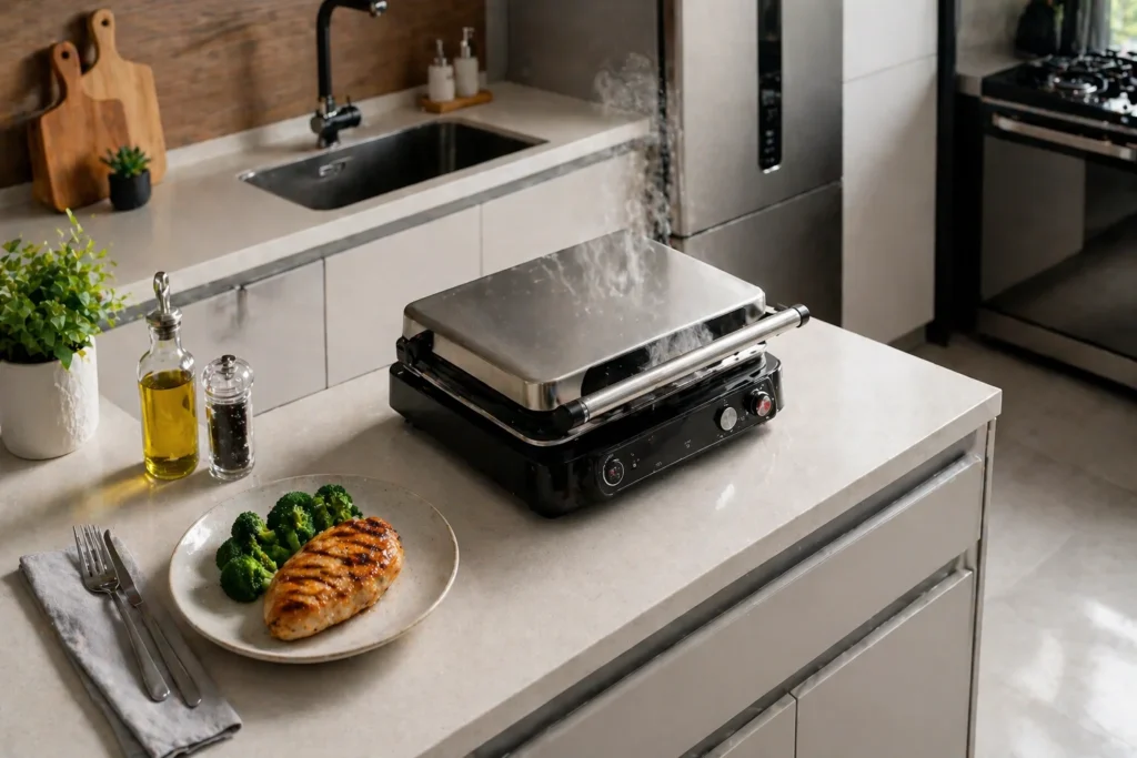 Grill elétrico em cozinha compacta mostrando que Grill elétrico vale a pena?.