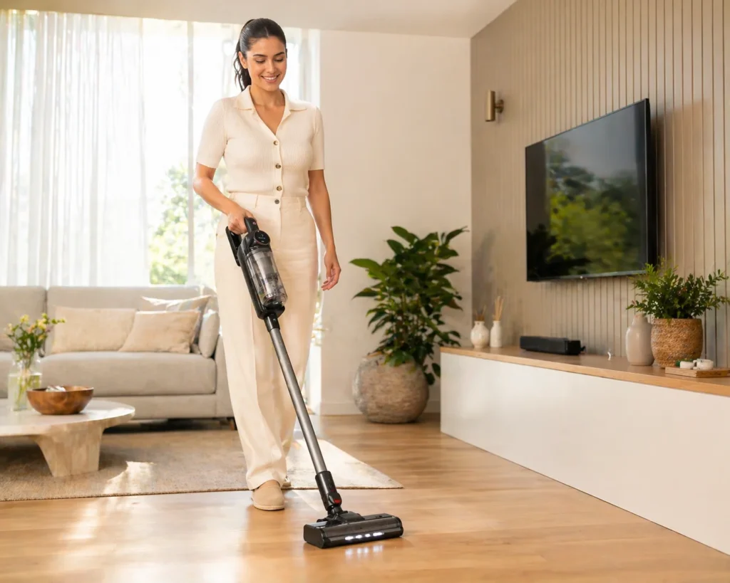 Uma pessoa sorridente utilizando o melhor aspirador de pó custo-benefício vertical moderno em uma sala de estar iluminada.
