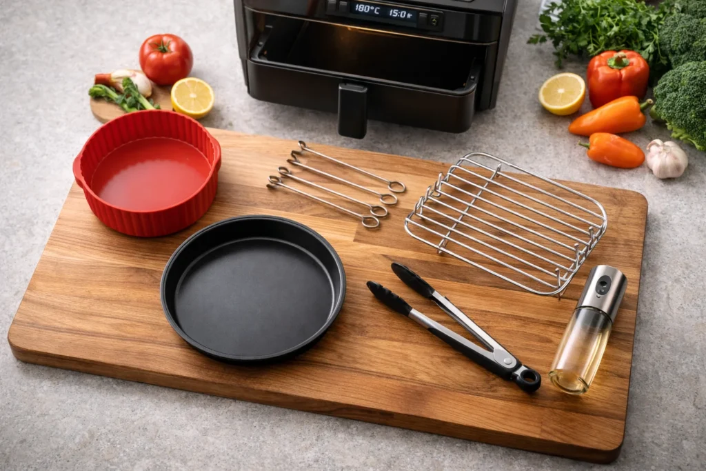 Kit de acessórios (formas, grelhas, silicone) compatíveis com Air Fryer grande ou pequena.