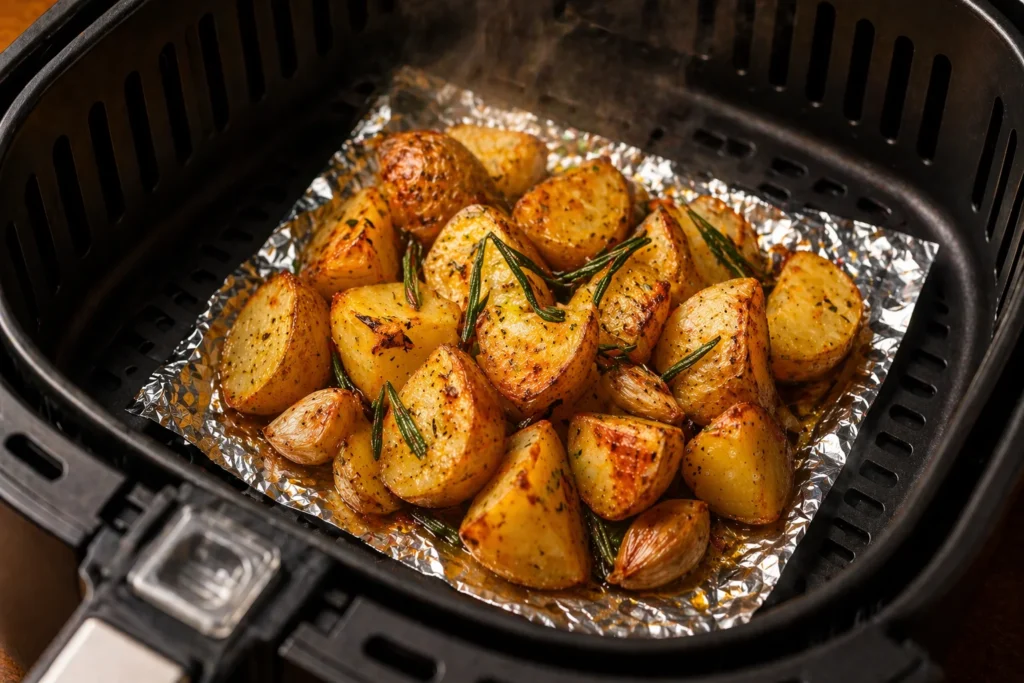 Batatas rústicas com alecrim sobre uma base de papel alumínio dentro da air fryer.