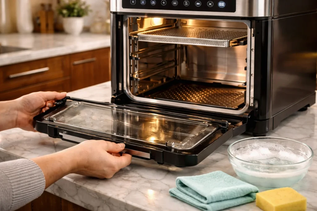 Pessoa removendo a porta de uma Air Fryer Oven para higienização facilitada.