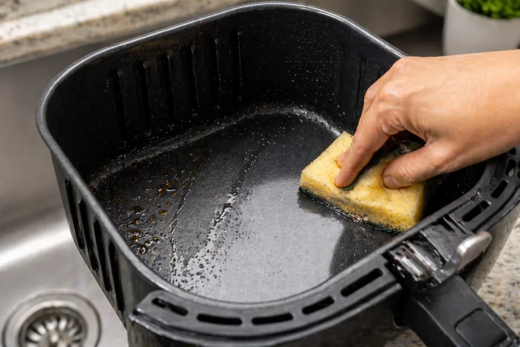 Cesto de air fryer com revestimento antiaderente premium sendo limpo facilmente.